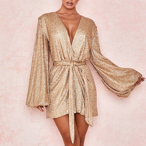 2020 Spring New Sequined Long Sleeve Deep V Neck Mini Dress Women Autumn Celebrity Runway Evening Party Sexy Nightclub Vestidos