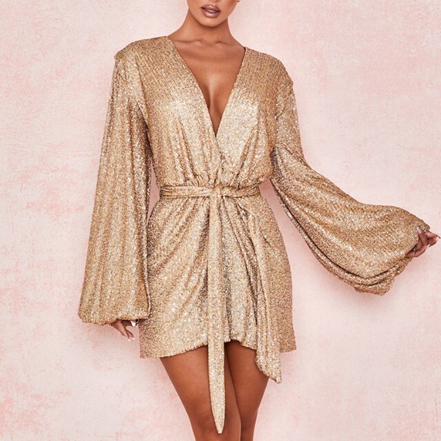 2020 Spring New Sequined Long Sleeve Deep V Neck Mini Dress Women Autumn Celebrity Runway Evening Party Sexy Nightclub Vestidos