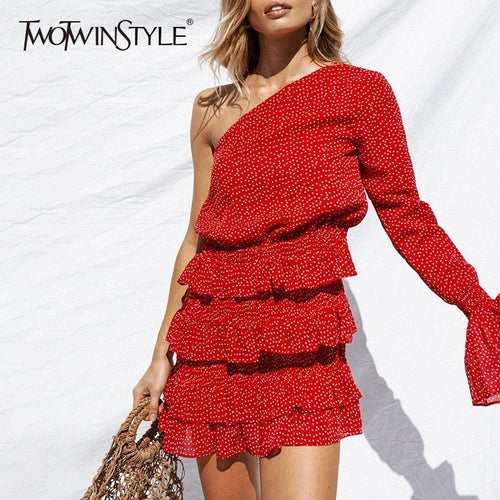 TWOTWINSTYLE Off Shoulder Dot Flare Sleeve Patchwork Ruffles Mini Dress.