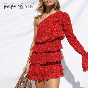 TWOTWINSTYLE Off Shoulder Dot Flare Sleeve Patchwork Ruffles Mini Dress.