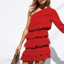 Load image into Gallery viewer, TWOTWINSTYLE Off Shoulder Dot Flare Sleeve Patchwork Ruffles Mini Dress.