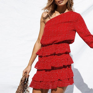 TWOTWINSTYLE Off Shoulder Dot Flare Sleeve Patchwork Ruffles Mini Dress.