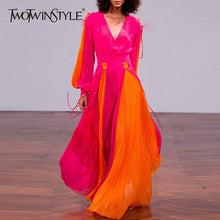 Load image into Gallery viewer, TWOTWINSTYLE Pleated V Neck High Waist Lantern  Sleeve Patchwork Dress.