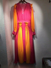 Load image into Gallery viewer, TWOTWINSTYLE Pleated V Neck High Waist Lantern  Sleeve Patchwork Dress.