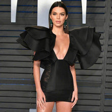 Load image into Gallery viewer, ADYCE Black Deep V-Neck Mini Ruffles &amp; Lace Party Dress.