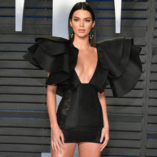 Load image into Gallery viewer, ADYCE Black Deep V-Neck Mini Ruffles &amp; Lace Party Dress.