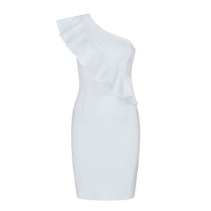 INDRESSME White One Shoulder Bandage Dress With Ruffles.