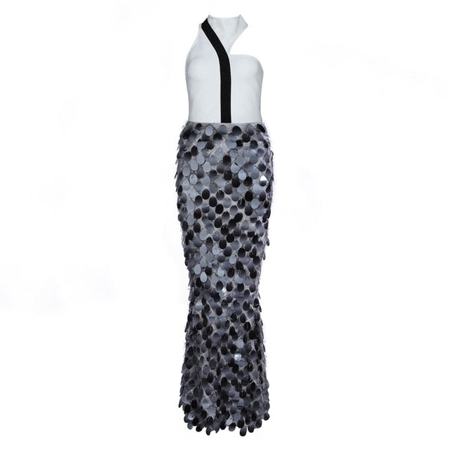 INDRESSME New Halter  Sequin With Feathers Long Party Dress.