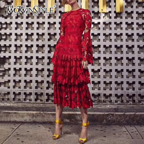 TWOTWINSTYLE  Flare  High Waisted Lace Dress