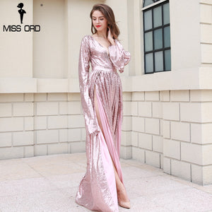 Missord Sexy Deep-V Sequin Long Sleeve Double Split Maxi Dress.