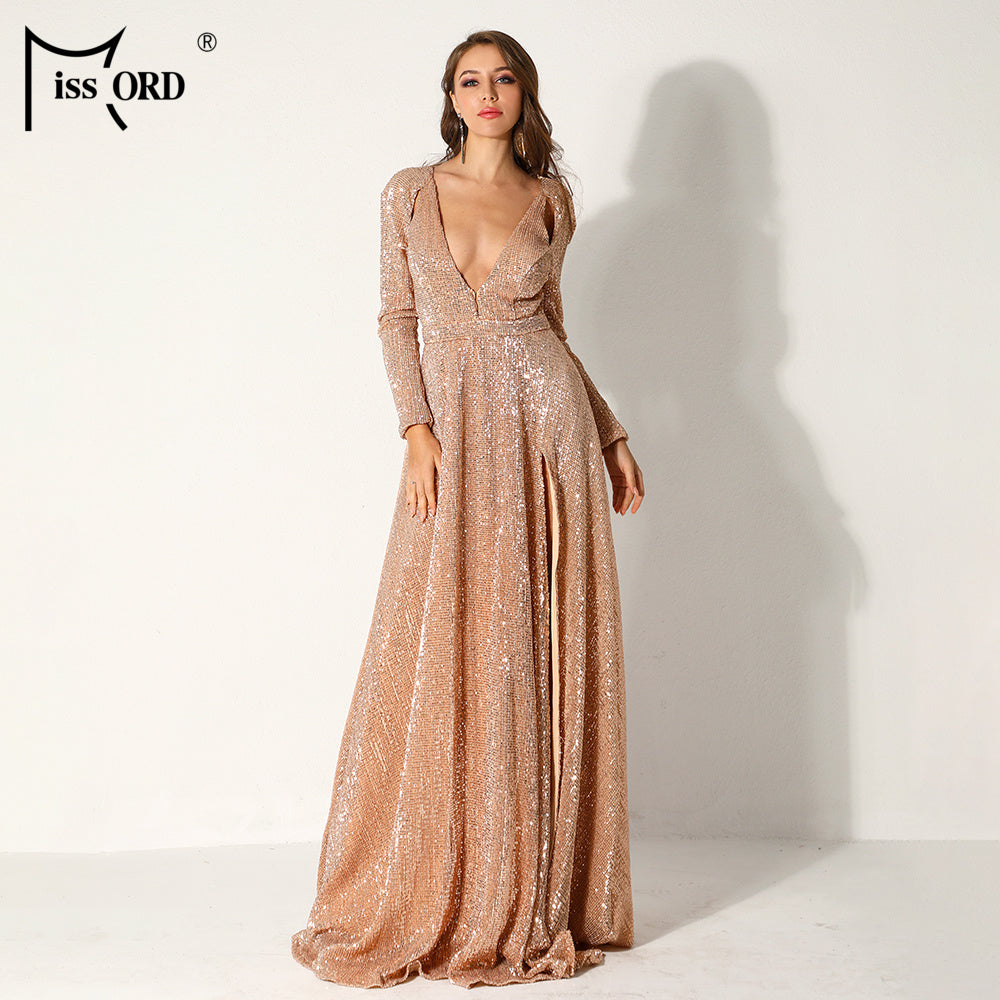 Missord Sexy Gold Deep-V High Split Sequin Maxi Dress.