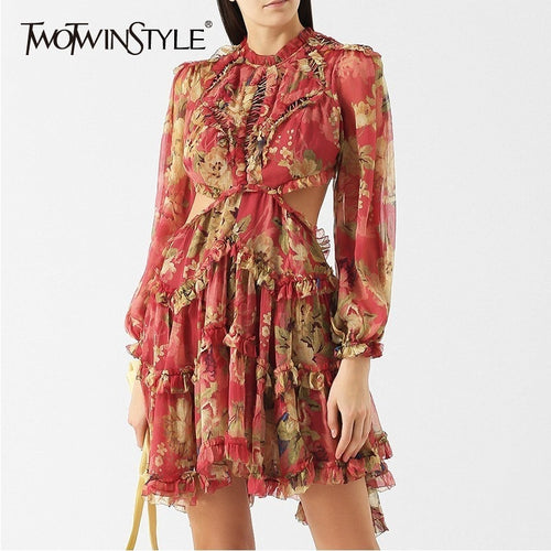 TWOTWINSTYLE Casual Print Backless, Lantern Sleeve Ruffles Mini Dress.