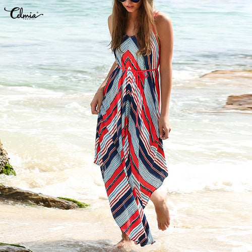 Style Celmia Long Maxi Summer Sleeveless Striped  Beach Sundress.