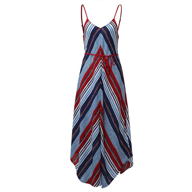 Style Celmia Long Maxi Summer Sleeveless Striped  Beach Sundress.