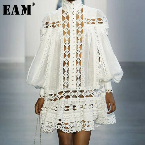 [EAM]  Stylish White  Turtleneck Spliced Ruffle Long Lantern Sleeve Dress.