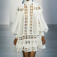 Load image into Gallery viewer, [EAM]  Stylish White  Turtleneck Spliced Ruffle Long Lantern Sleeve Dress.