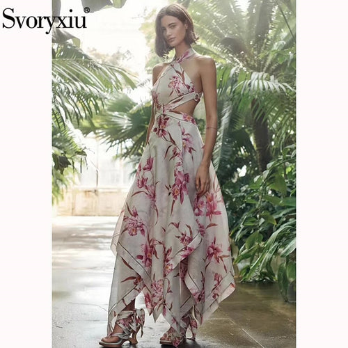 Svoryxiu Backless Floral Print Asymmetrical Maxi Dress.