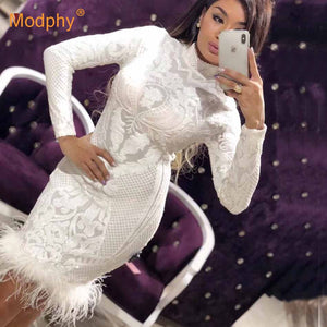 Bandage  White  Sequin & Feather Mini Dress.