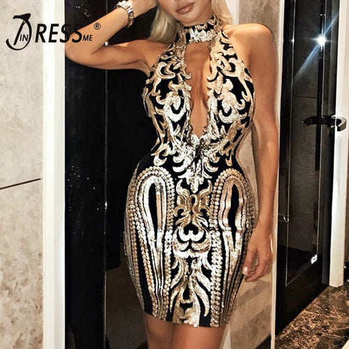 INDRESSME  Bandage  Sequined Backless Party Dress.